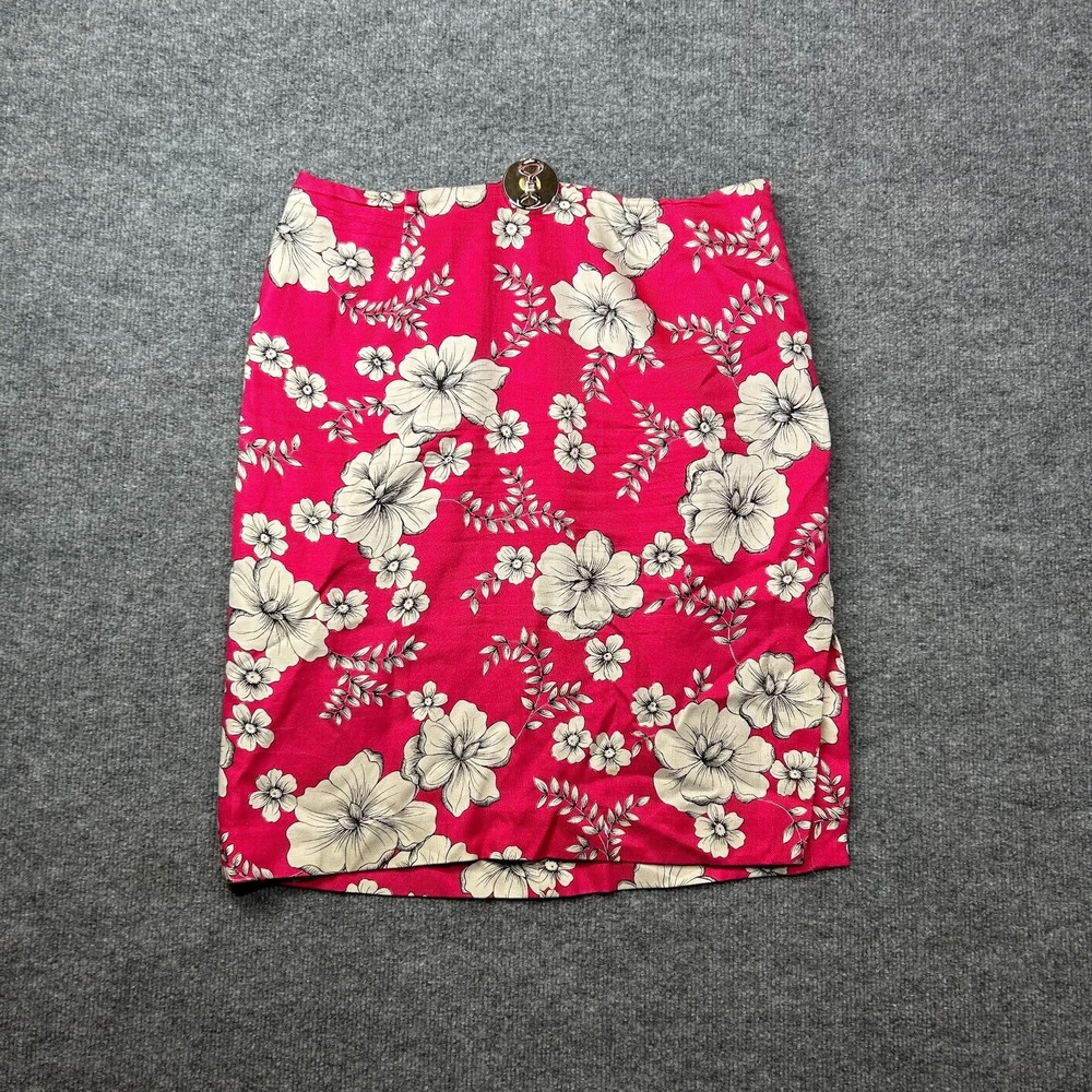 Ann Taylor Loft Pencil Skirt Women's Bright Pink White Silk Floral Print - 12